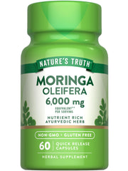 Nature's Truth Moringa capsules bottle label with high-potency 6000mg blend for daily wellness.