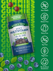 Nature's Truth gummies close-up emphasizes blueberry flavor and vegetarian formula for easy daily use