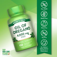Nature's Truth Oil of Oregano softgels label close-up highlighting carvacrol and oregano leaf.