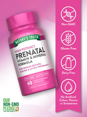 Nature's Truth Prenatal bottle label highlights 800 mcg folic acid per serving