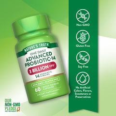 Nature's Truth Probiotics label front highlights 14 strains for variety.