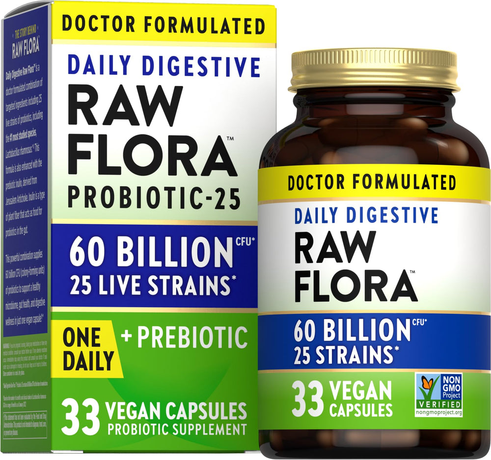Nature's Truth Raw Flora probiotic bottle displaying 60B CFU in vegan capsules for daily balance.