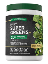Nature's Truth Super Greens powder tin front shows gluten-free, non-GMO wellness blend.