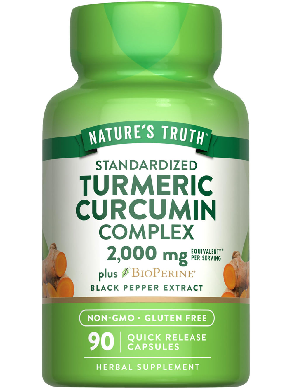 Nature's Truth Turmeric Curcumin bottle on countertop for daily wellness