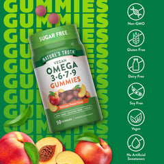 Nature's Truth vegan omega gummy close-up showing soft peach-colored texture