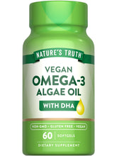 Nature's Truth vegan omega-3 softgels bottle front shows plant-based DHA support.