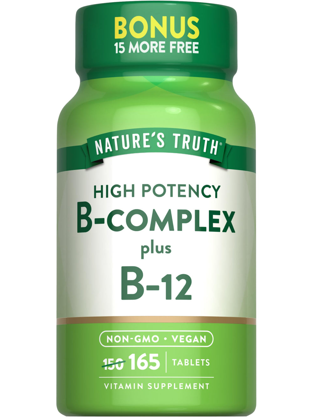 Nature's Truth Vitamin B Complex bottle front shows vegan, non-GMO formulation