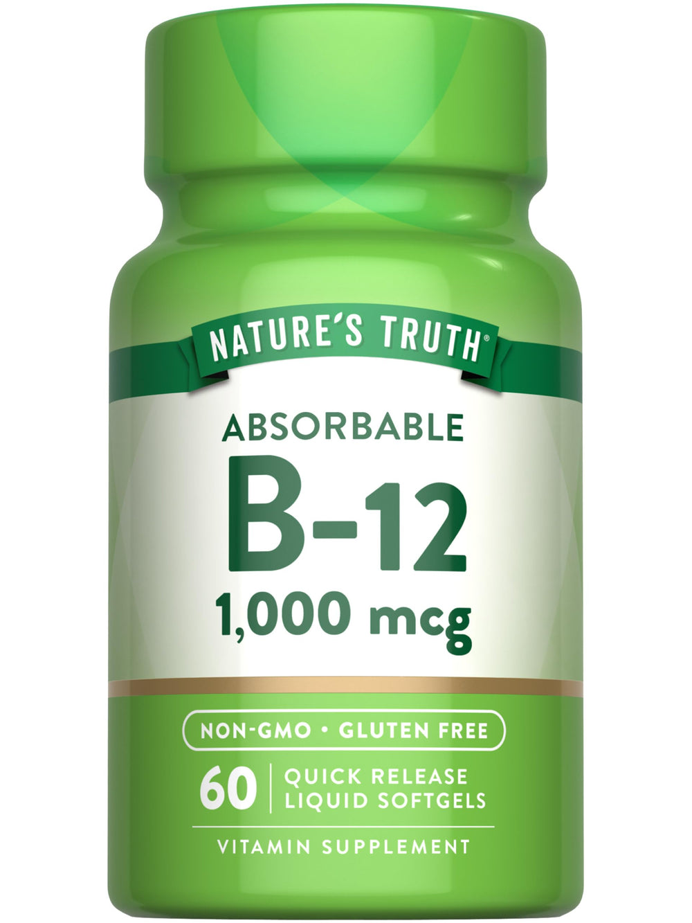 Nature's Truth Vitamin B12 bottle shows 1000 mcg per softgel for daily wellness.