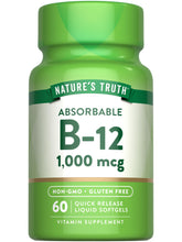 Nature's Truth Vitamin B12 bottle shows 1000 mcg per softgel for daily wellness.