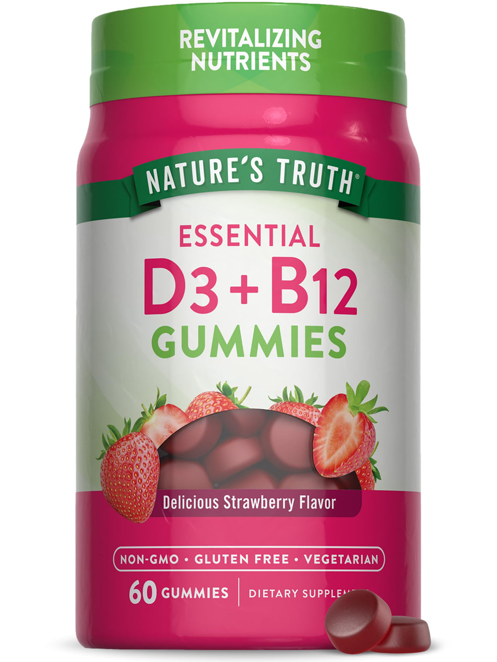 Nature's Truth Vitamin D3 and B12 gummies bottle, strawberry flavor, daily wellness support.