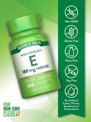 Nature's Truth Vitamin E softgels bottle with hand demonstrating convenient daily dose