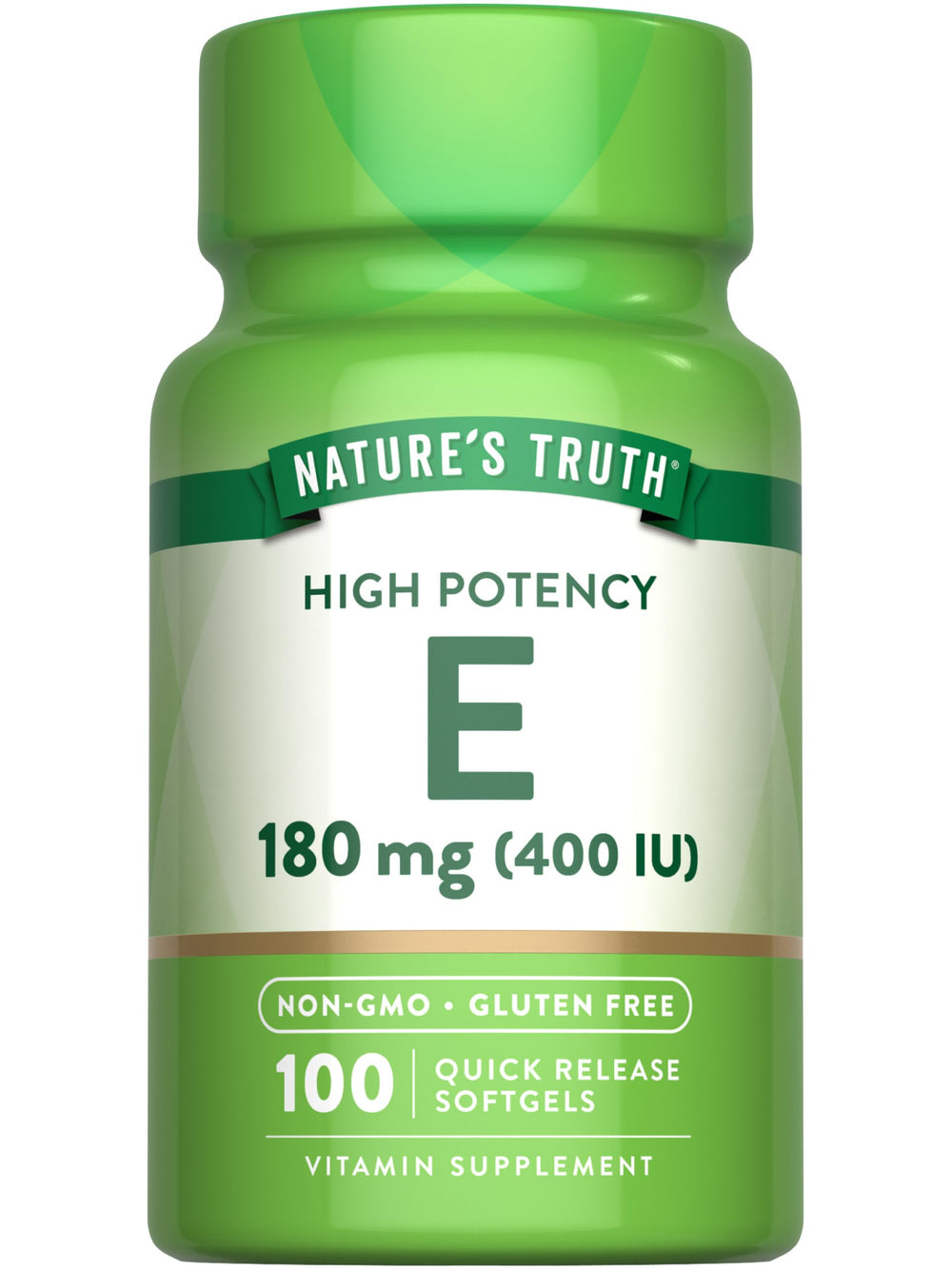 Nature's Truth Vitamin E softgels bottle close-up showing high potency 400 IU per softgel