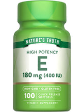 Nature's Truth Vitamin E softgels bottle close-up showing high potency 400 IU per softgel