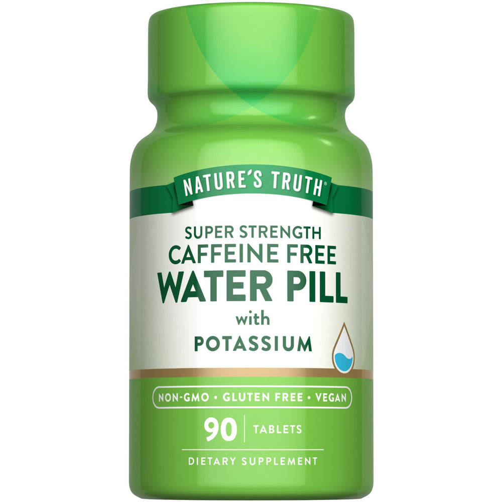 Nature's Truth water pill bottle close-up showing caffeine-free potassium support for hydration