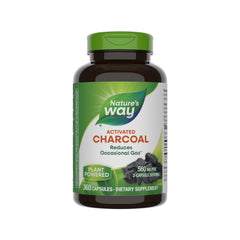 Nature's Way Activated Charcoal bottle front view with easy-to-swallow capsules.