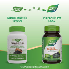 Nature's Way Activated Charcoal capsules being poured for easy dosing.