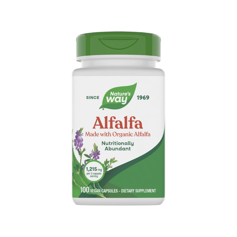 Nature's Way Alfalfa bottle front with clear label for easy identification