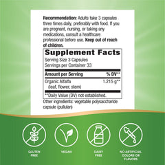 Nature's Way Alfalfa capsules close-up emphasizes vegan pill form