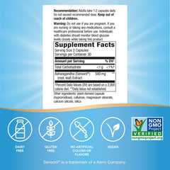 Nature's Way Ashwagandha capsules close-up showing vegan, non-GMO extract.
