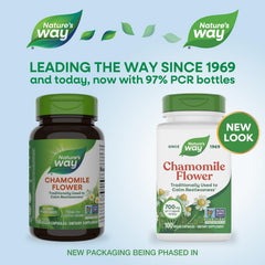 Nature's Way chamomile bottle in daily-use setting, convenient two-capsule serving.