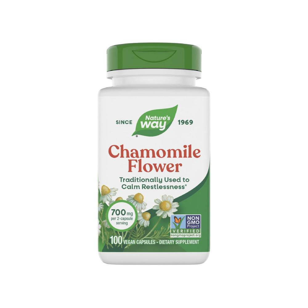 Nature's Way Chamomile Flower bottle showing 700 mg per serving for gentle calming support.