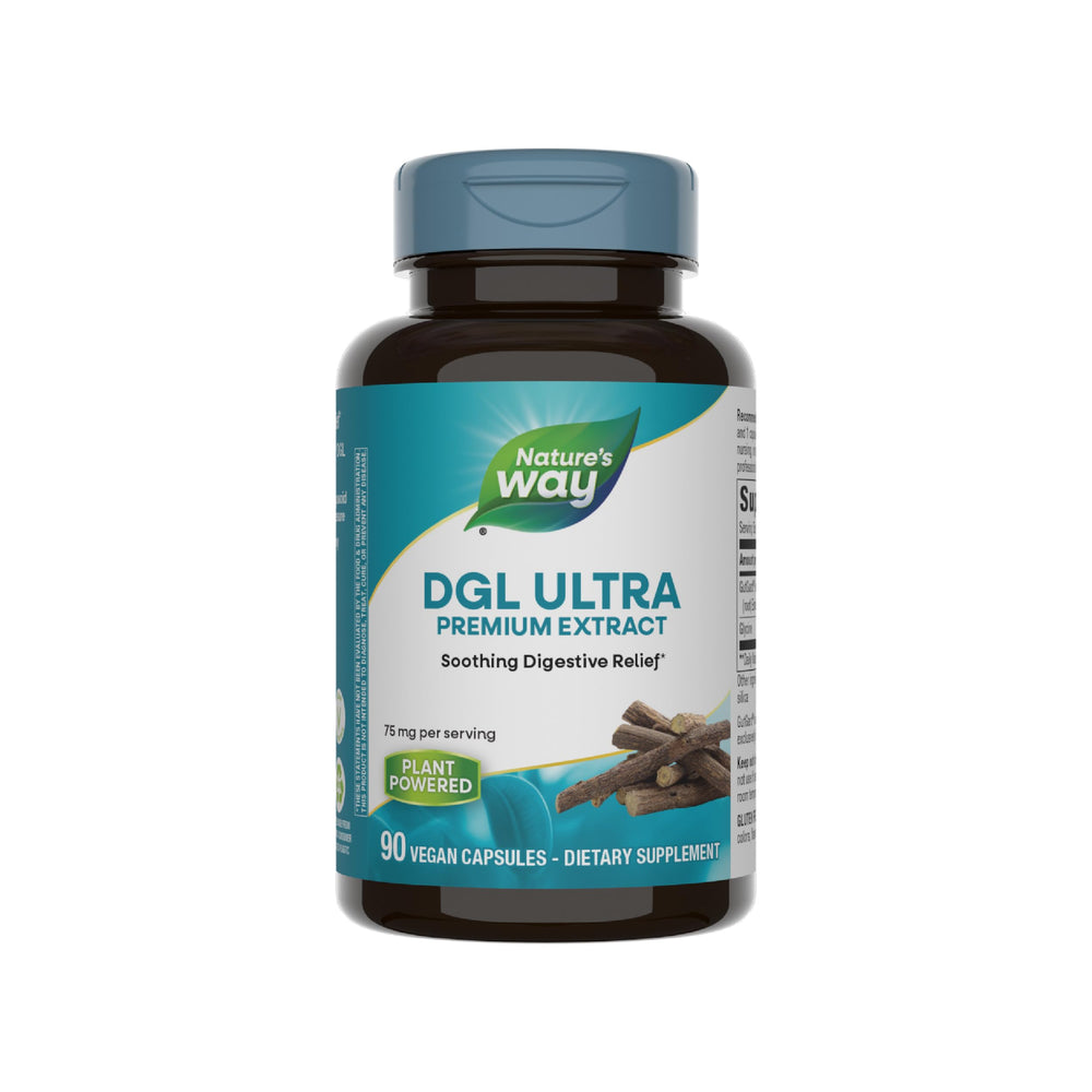 Nature's Way DGL Ultra bottle front view for convenient after-meal use.