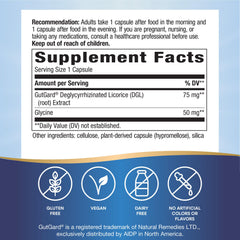 Nature's Way DGL Ultra capsules close-up showing vegan, gluten-free formula.