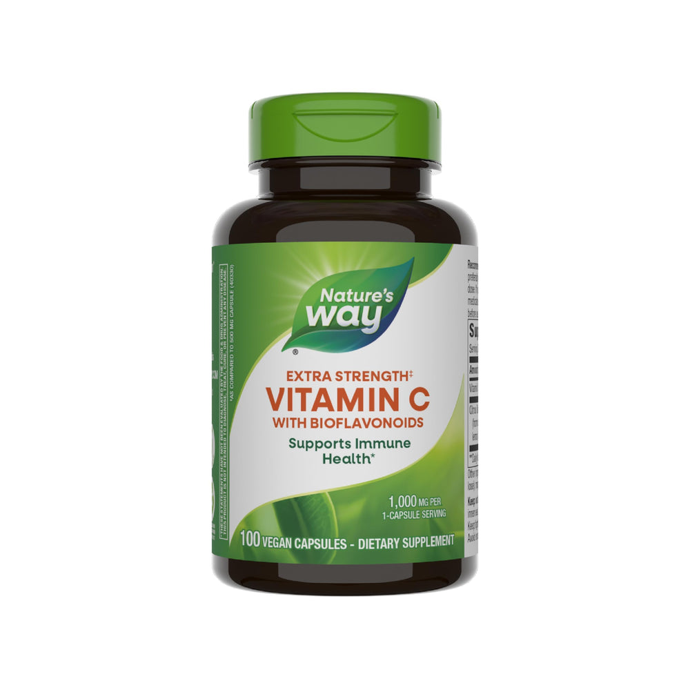 Nature's Way Extra Strength Vitamin C bottle highlights immune support potential.