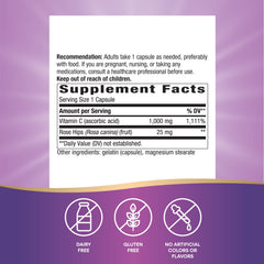 Nature's Way Extra Strength Vitamin C with Rose Hips capsules demonstrate high-dose vitamin C convenience.