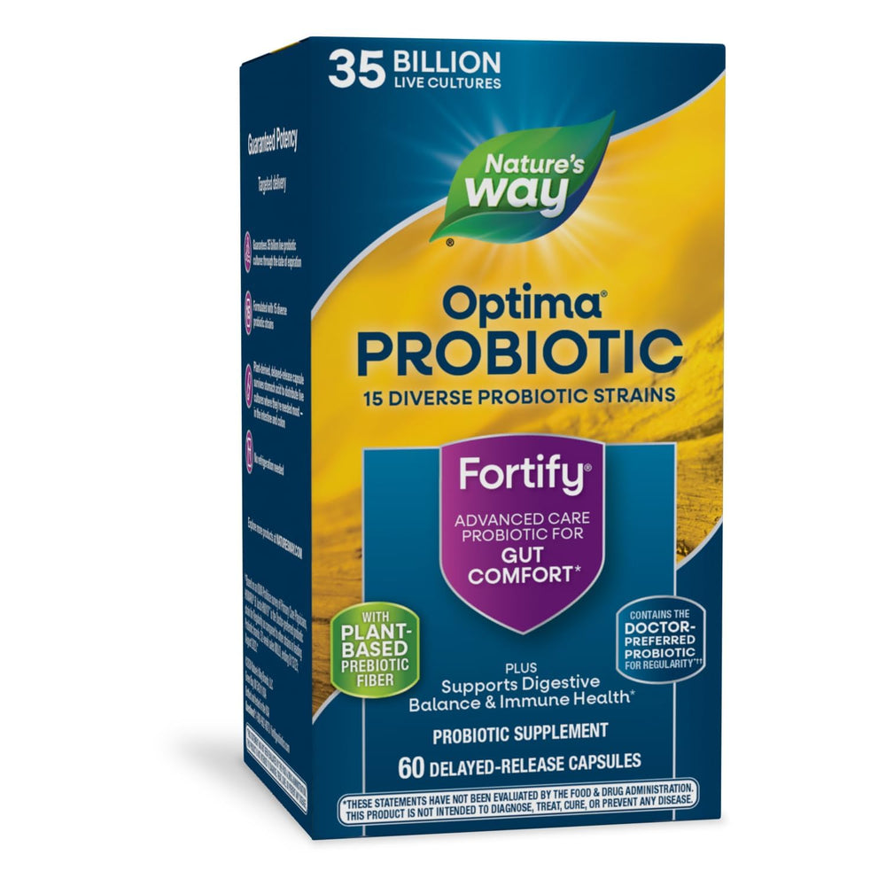 Nature's Way Fortify Optima bottle image showing daily probiotic for balanced digestion