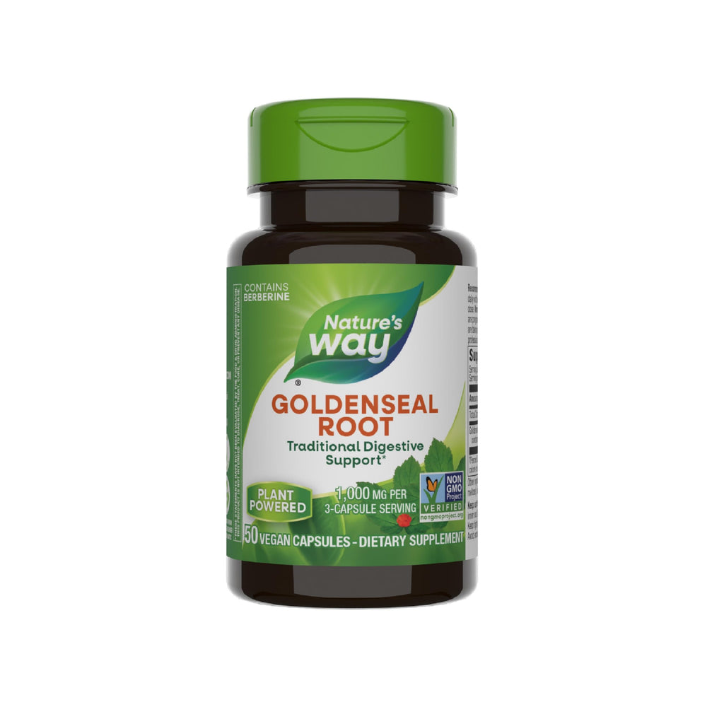 Nature's Way Goldenseal Root bottle with capsules for digestive support.