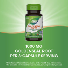 Packaging view of Nature's Way Goldenseal Root showcasing non-GMO and purity.
