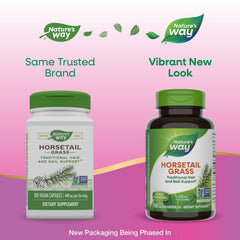 Label on Nature's Way Horsetail Grass bottle highlighting vegan, gluten-free formula.