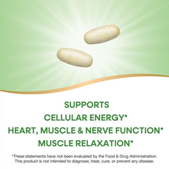 Two tablets serving shown; highlights magnesium and potassium content.