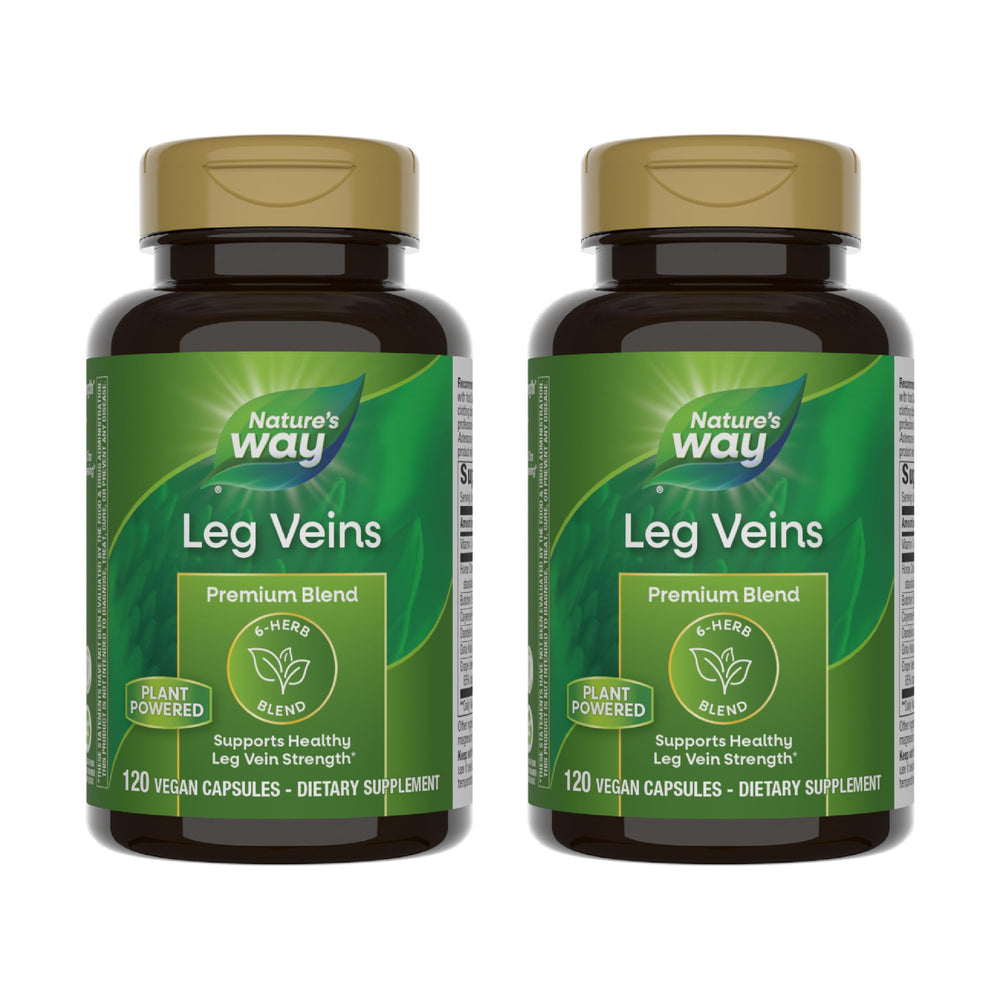 Nature's Way Leg Veins bottle showing vegan, gluten-free capsule formula.