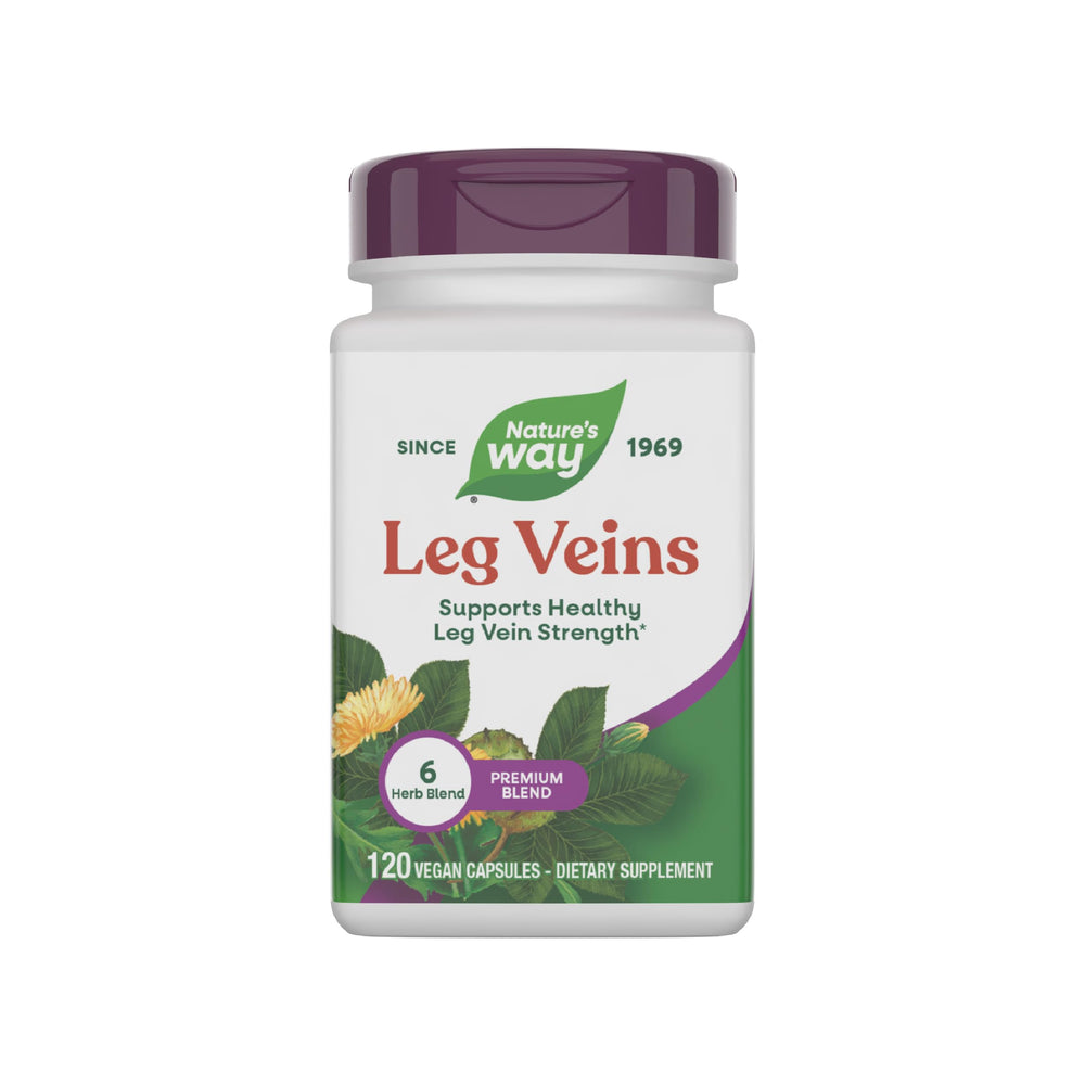 Nature's Way Leg Veins bottle with six-herb blend for vein health support.