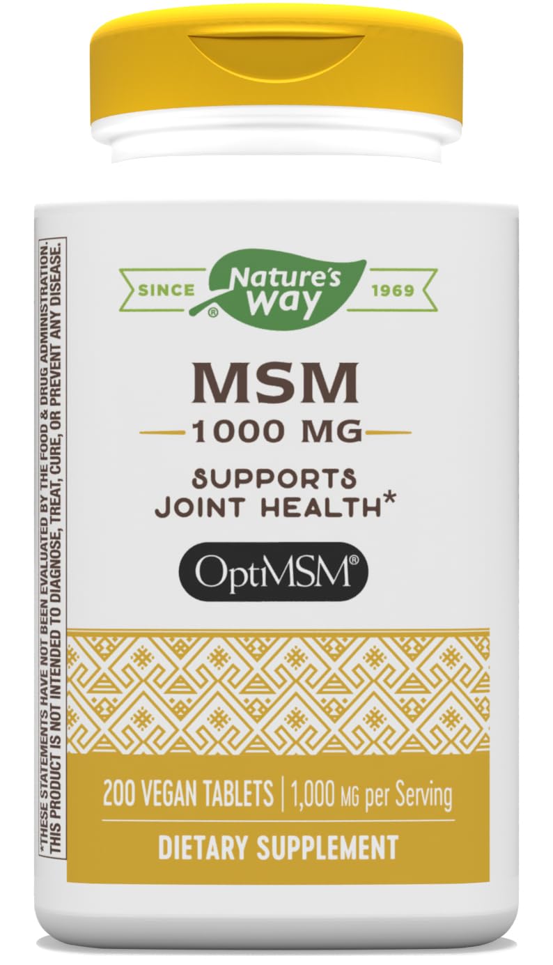 Nature's Way MSM 1000 mg bottle front view, highlighting label for joint support.