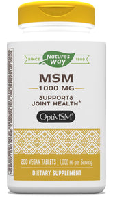 Nature's Way MSM 1000 mg bottle front view, highlighting label for joint support.