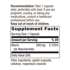 Nature's Way Niacinamide 500mg label highlights non-flushing Vitamin B3.