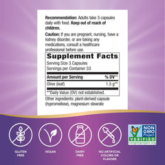 Nature's Way Olive Leaf capsules close-up showing easy-to-swallow vegan capsules