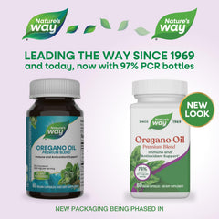 Nature's Way oregano oil label highlights gluten-free and vegan formula.