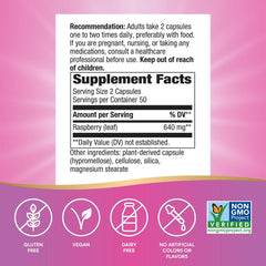 Close-up of Nature's Way Raspberry Leaf capsules for vegan daily use.