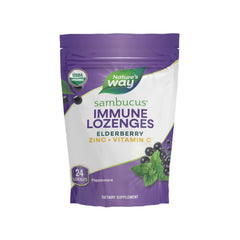 Nature's Way Sambucus Zinc Lozenges packaging highlights organic elderberry and peppermint flavor