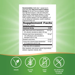 Nature's Way Super Milk Thistle artichoke leaf illustration highlights four-herb blend for liver support.