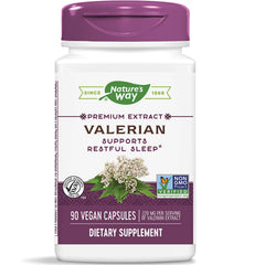 Nature's Way Valerian Premium Extract packaging highlighting vegan, non-GMO and free-from attributes.