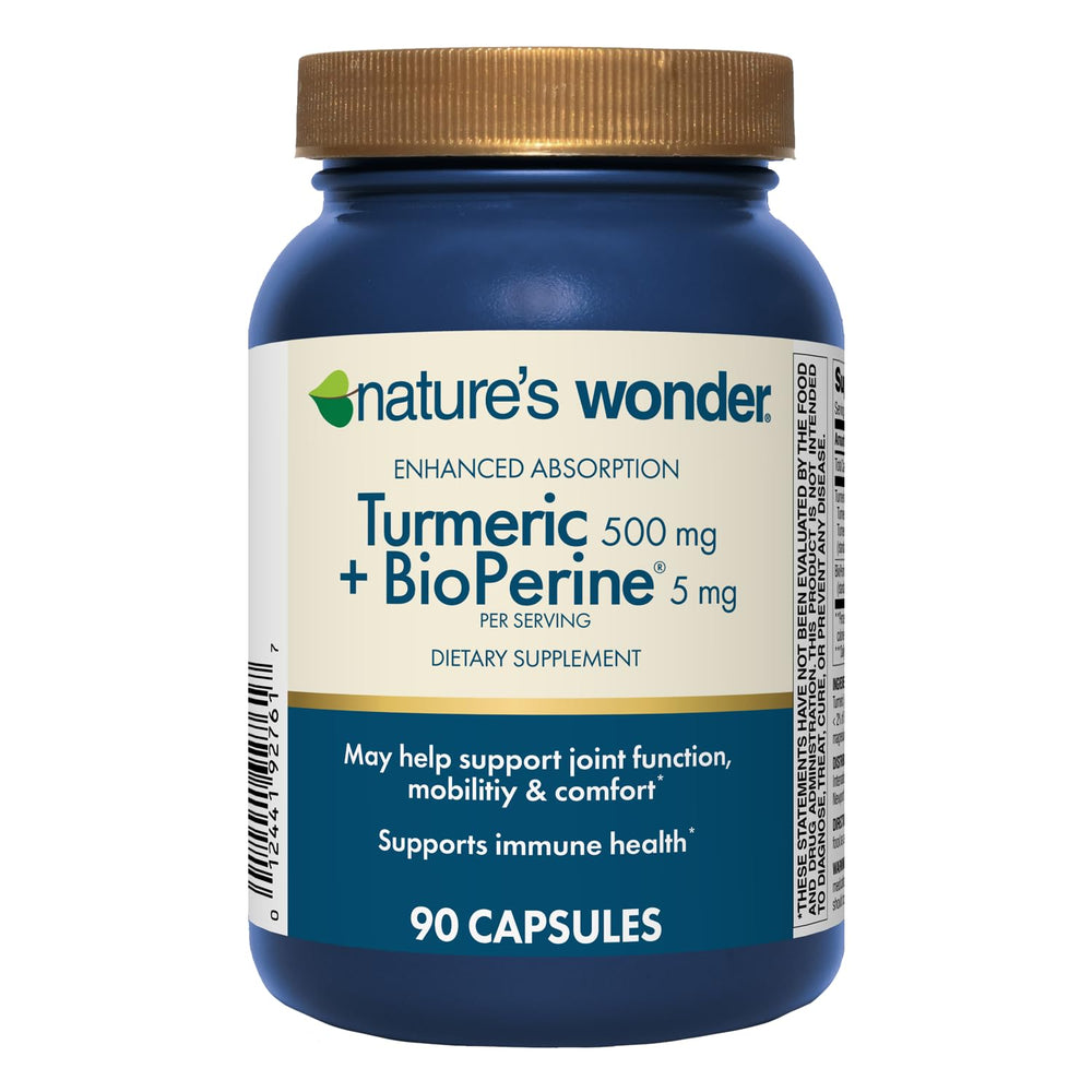 Nature's Wonder turmeric bottle front with vegetarian capsules for daily wellness