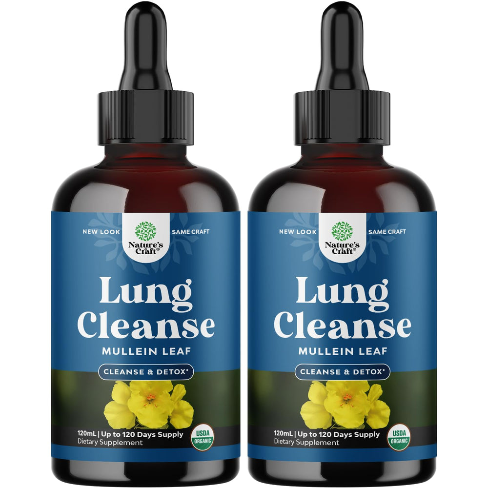 Natures Craft Mullein Drops bottle closeup showing organic blend for lung support
