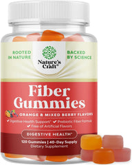 Natures Craft tasty prebiotic fiber gummies in a bottle for digestive support.