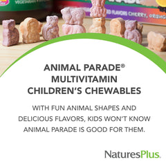 NaturesPlus Animal Parade bottle label view highlighting gluten-free, vegetarian multivitamin for children.