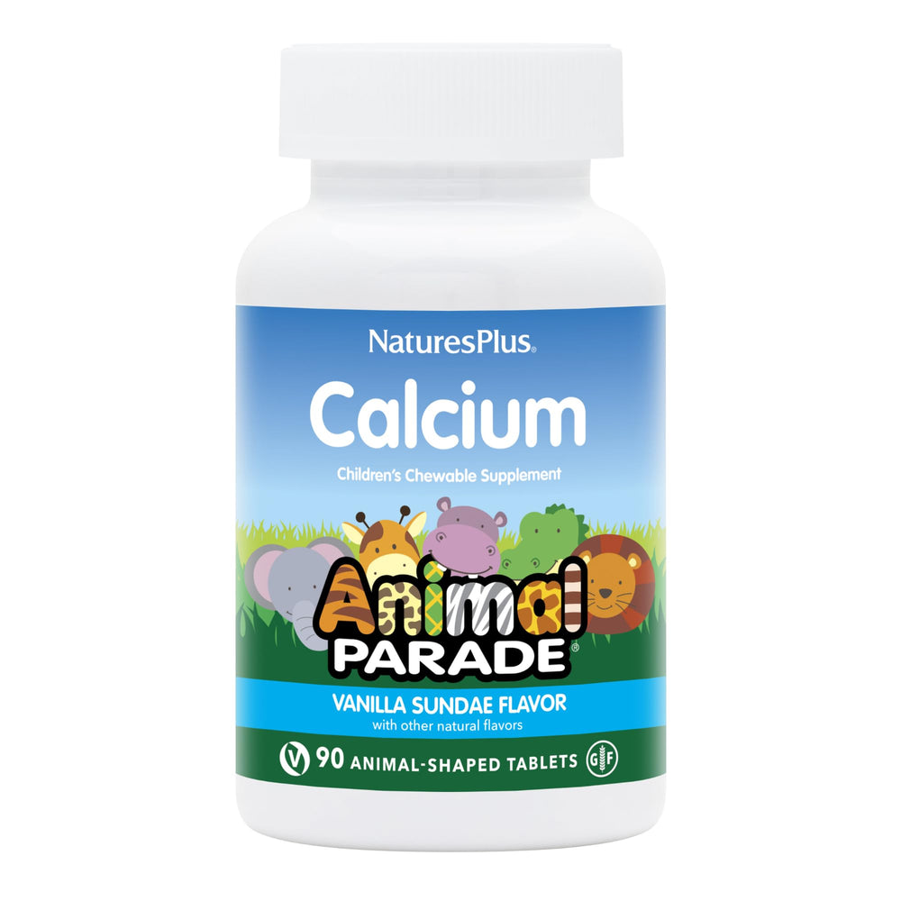 NaturesPlus Animal Parade Calcium bottle with vanilla sundae chews supports bone development in kids